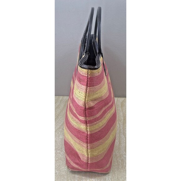 Anne Klein 2 Medium Pink & Yellow Striped Canvas Grab Handbag with Brown Trim - Picture 4 of 16
